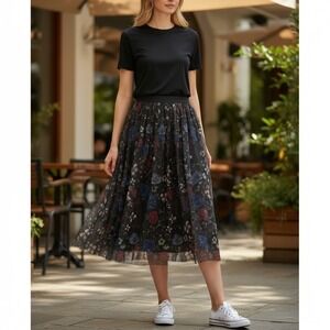 Disney Lauren Conrad Snow White Cottagecore Floral Mesh Tulle Midi Skirt Black L
